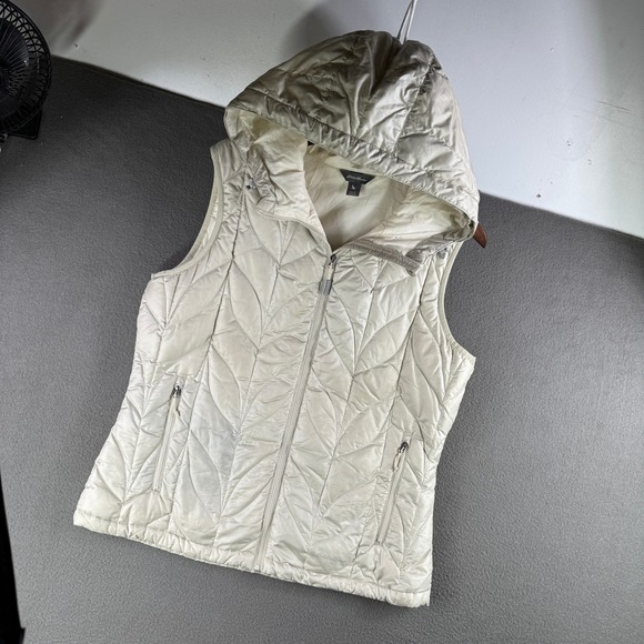 Eddie Bauer Down Puffer Vest Women L Hooded Insulated Down Blend Ivory Winter - Picture 2 of 10